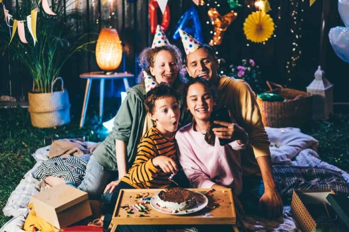 family having surprise party at home