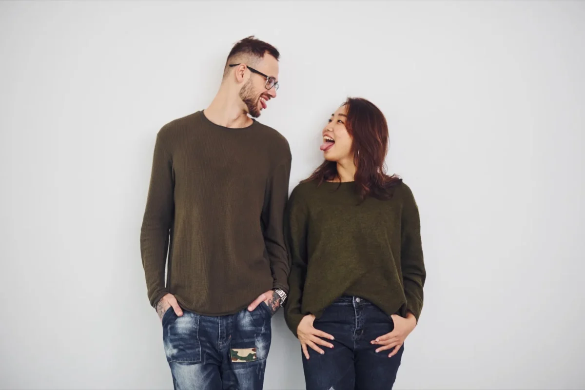 goofy couple flirting