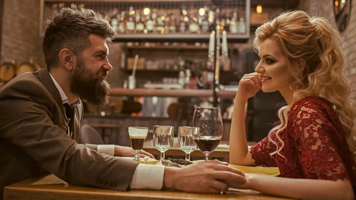 man holding woman's hand on date