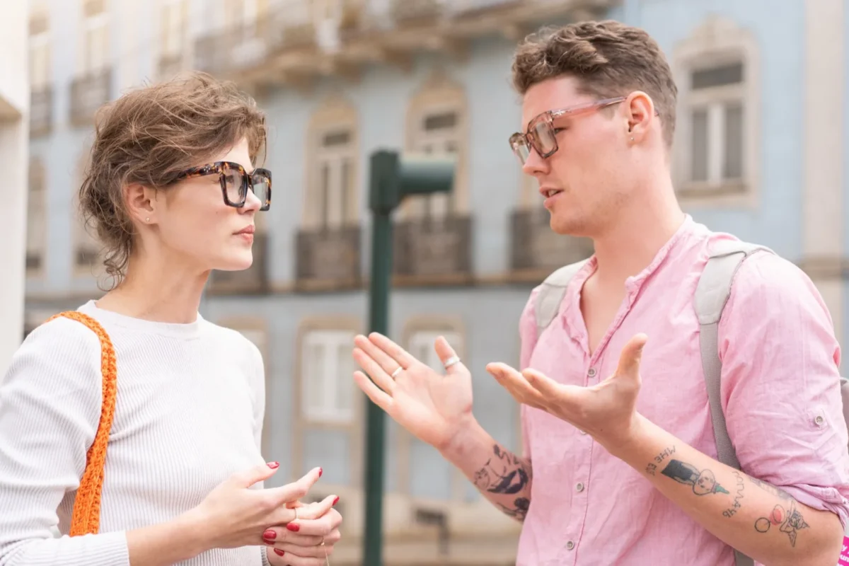 man talking with woman listening