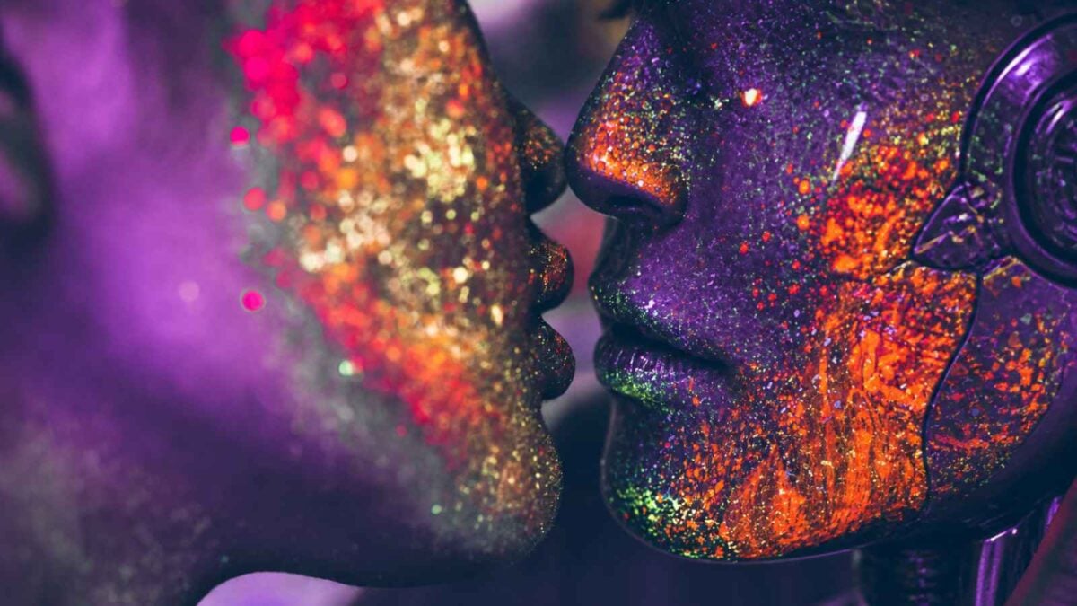 woman leaning in to kiss robot