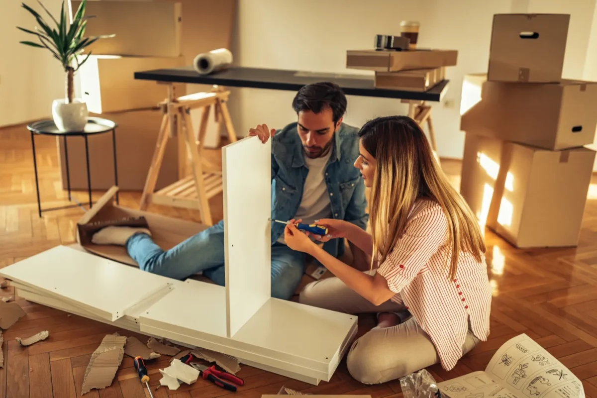 couple assembling furniture together