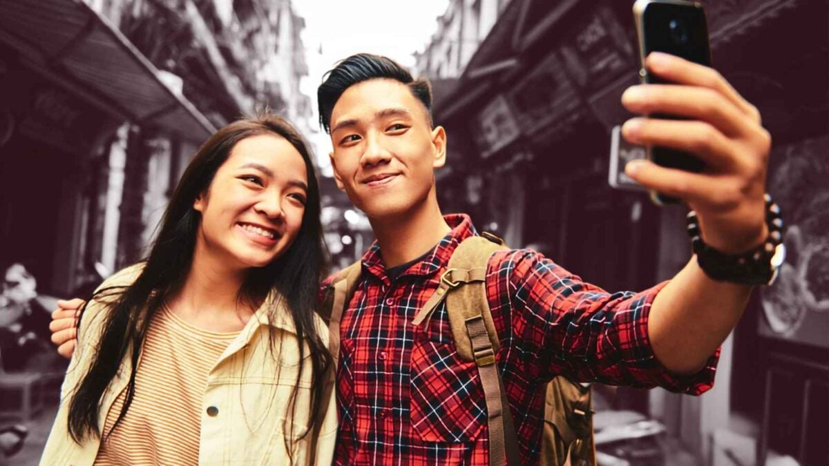 cute couple taking selfie
