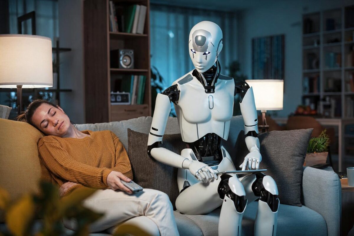woman asleep on couch holding remote next to humanoid robot
