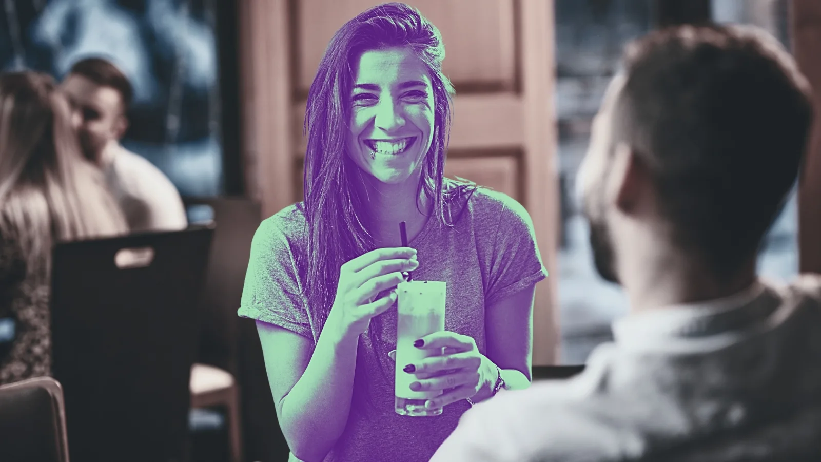 Attract The One woman drinking coffee smiling at man