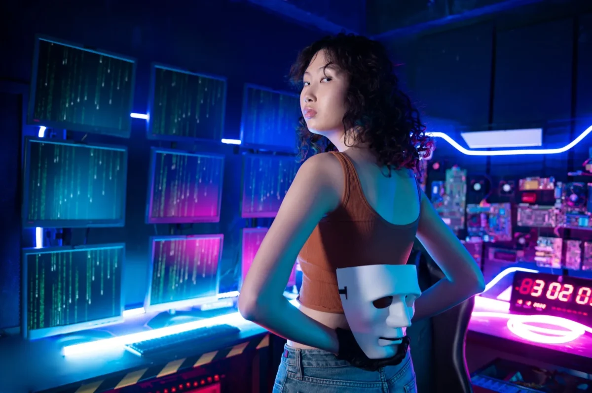 futuristic young woman in front of computers with mask
